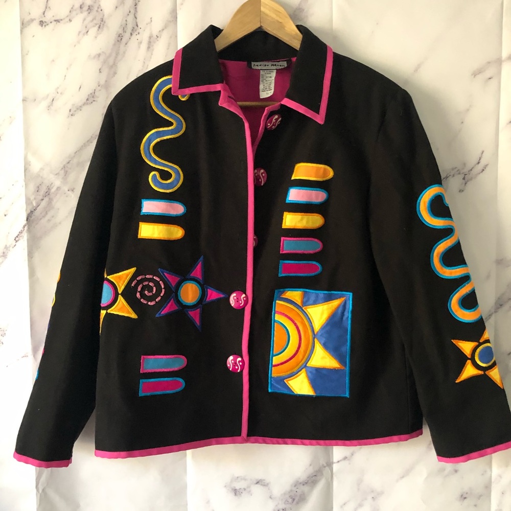 VINTAGE INDIGO MOON RETRO FUNKY EMBROIDERED BLAZER JACKET - Picture 1 of 11